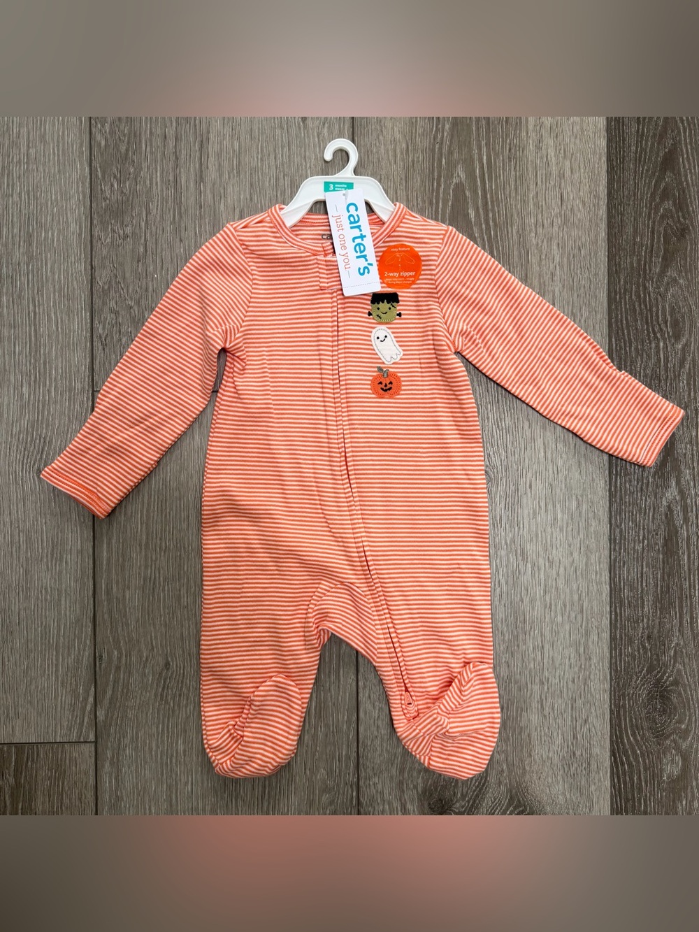 CARTERS HALLOWEEN ZIP UP FOOTED SLEEPER PJS STRIPES PUMPKIN GHOST ORANGE 3MO NB